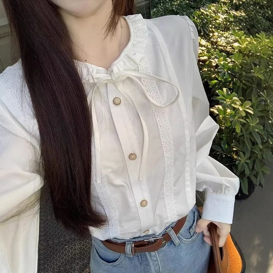 Frill Trim Lace Trim Button-Up Long-Sleeved Blouse
