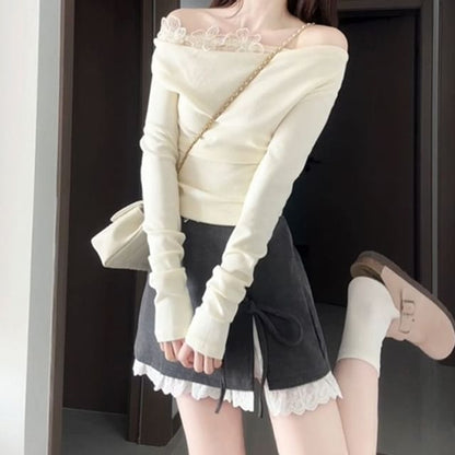 Off-Shoulder Lace Panel Long-Sleeved Top