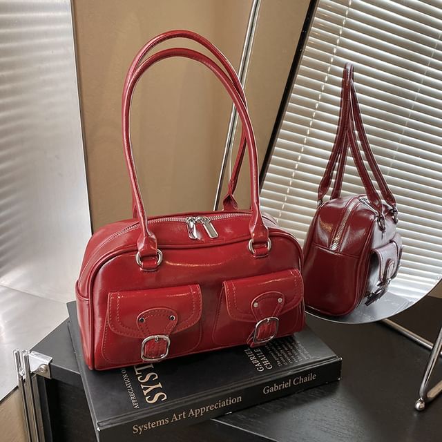 Faux Leather Buckled Shoulder Bag