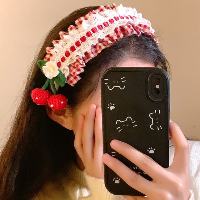 Cherry Plaid Ruffle Headband Detail