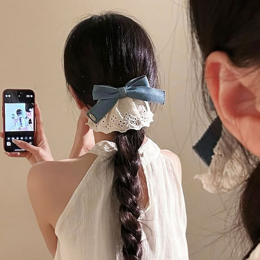 Denim Bow Clip Ruffle Panel Hair