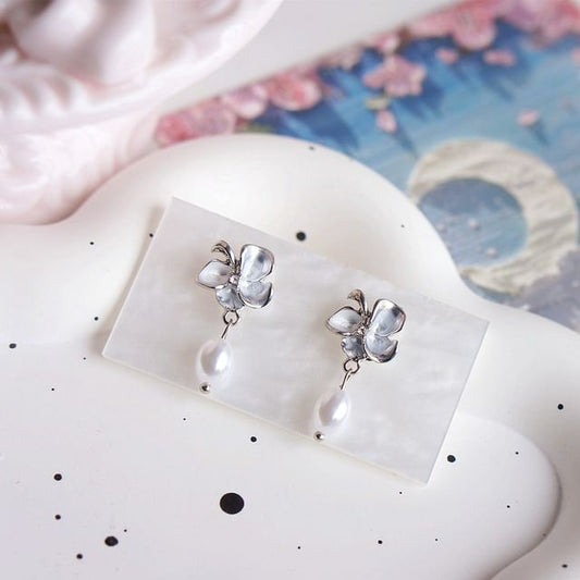 Faux Clip-On / Pearl Butterfly Earring Drop