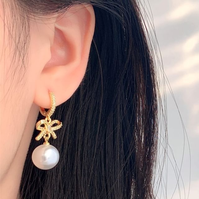 Huggie Drop Rhinestone Bow Pearl Faux Earring