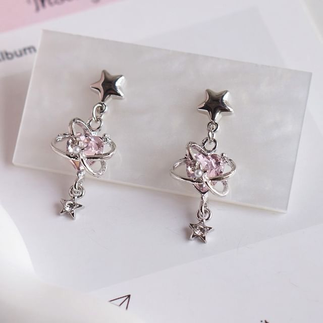 Star Drop Clip-On / Rhinestone Heart Earring