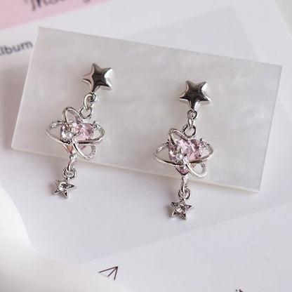 Star Drop Clip-On / Rhinestone Heart Earring