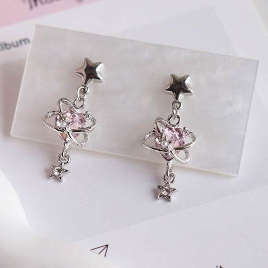 Star Drop Clip-On / Rhinestone Heart Earring