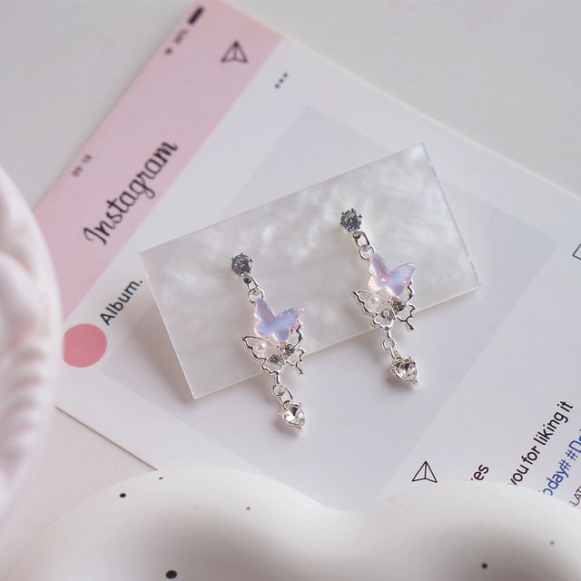 Clip-On Drop / Rhinestone Butterfly Faux Pearl Earring