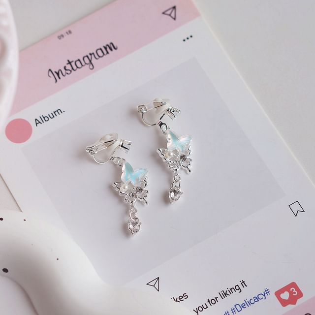 Clip-On Drop / Rhinestone Butterfly Faux Pearl Earring
