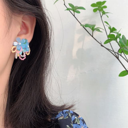 Faux Clip-On / Beaded Ear Flower Earring Pearl Stud