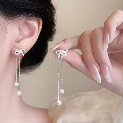 Rhinestone Pearl Faux Bowknot Dangle Earring