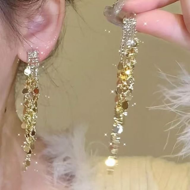Rhinestone Tassel Dangle Earring Long