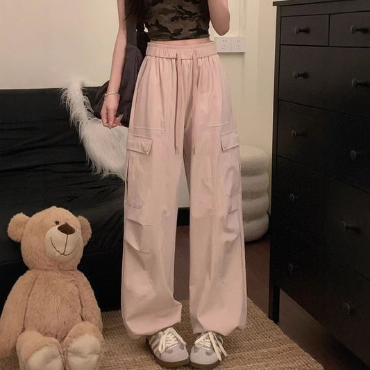 High Waist Plain Cargo Baggy Pants