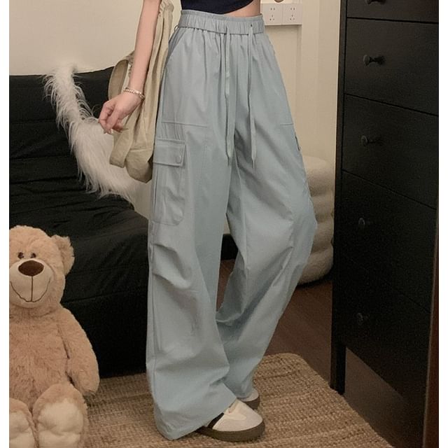 High Waist Plain Cargo Baggy Pants