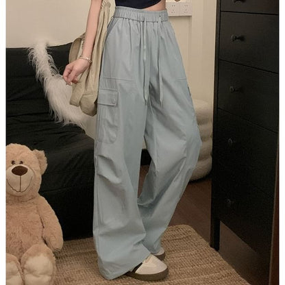 High Waist Plain Cargo Baggy Pants