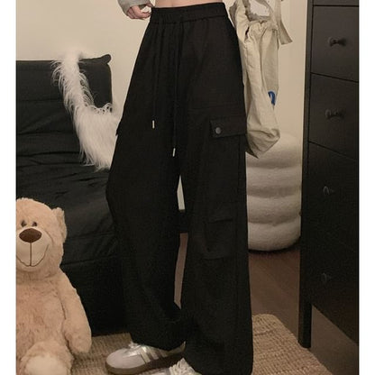 High Waist Plain Cargo Baggy Pants