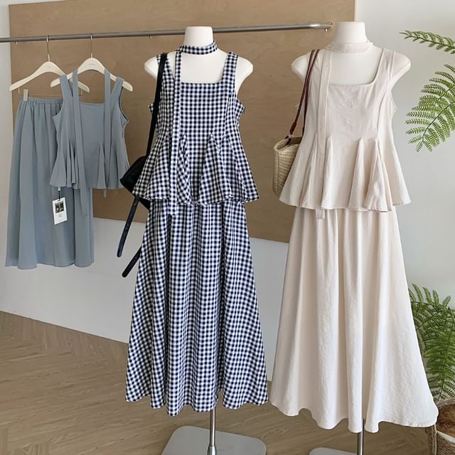 Sleeveless Square Neck Peplum Top & High Waist Maxi A-Line Skirt Ensemble