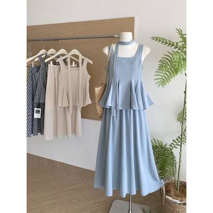 Sleeveless Square Neck Peplum Top & High Waist Maxi A-Line Skirt Ensemble