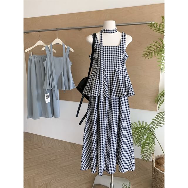 Sleeveless Square Neck Peplum Top & High Waist Maxi A-Line Skirt Ensemble