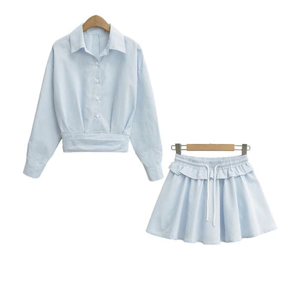 Striped Collared Long-Sleeve Top Paired with Ruffled Waist Mini Skirt