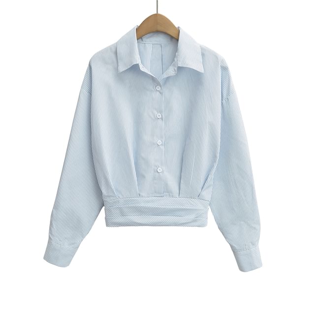 Striped Collared Long-Sleeve Top Paired with Ruffled Waist Mini Skirt