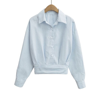 Striped Collared Long-Sleeve Top Paired with Ruffled Waist Mini Skirt