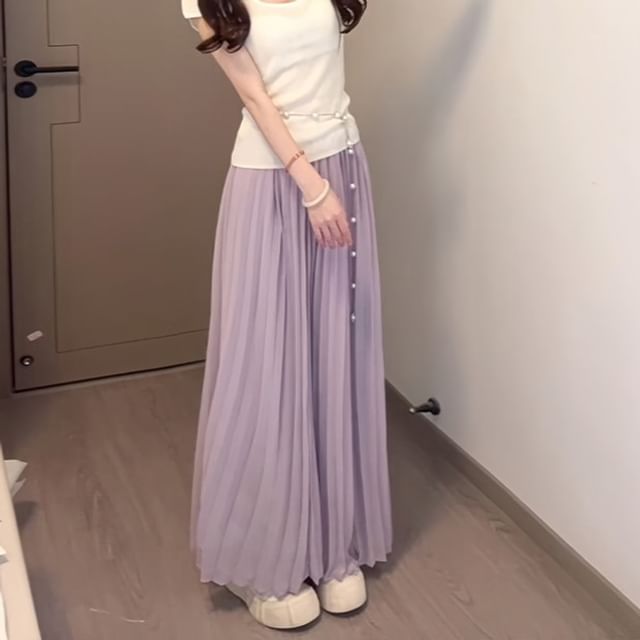 Pleated High Waist Maxi A-Line Skirt