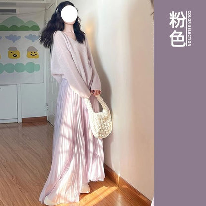 Pleated High Waist Maxi A-Line Skirt