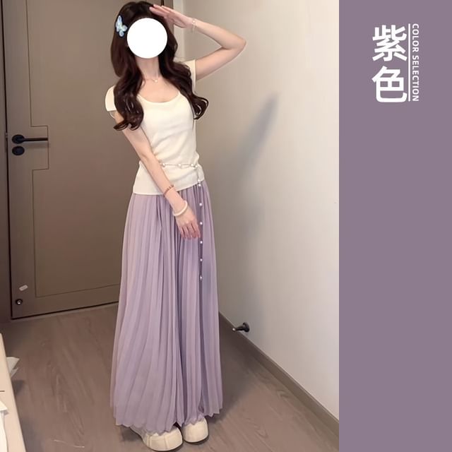 Pleated High Waist Maxi A-Line Skirt