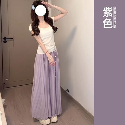 Pleated High Waist Maxi A-Line Skirt