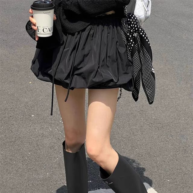 Bubble Hem Mini Skirt with Drawstring Waist in Solid