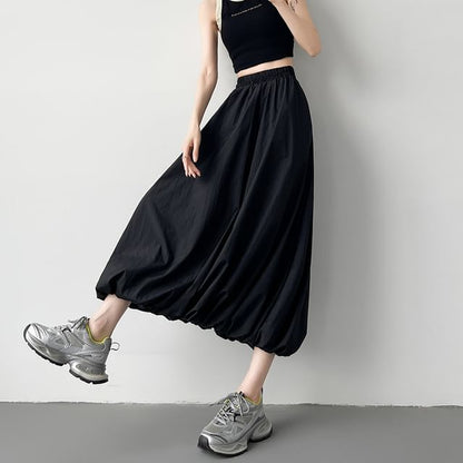 Bubble Hem Midi Skirt with Elastic Waistband in Solid