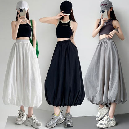 Bubble Hem Midi Skirt with Elastic Waistband in Solid