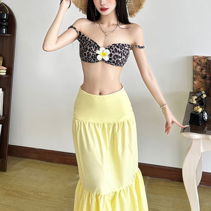 Leopard Print Bra Top and Solid Maxi A-Line Skirt Duo