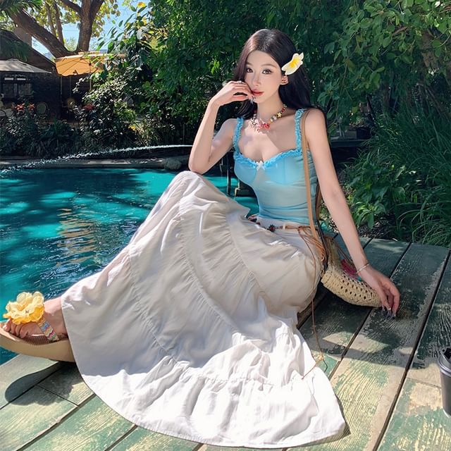 Sheer Crop Camisole with High Waist Maxi A-Line Skirt Set