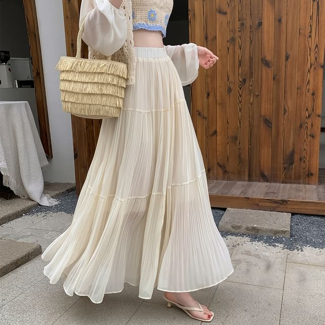 High Rise Pleated Maxi A-Line Skirt in Plain Design