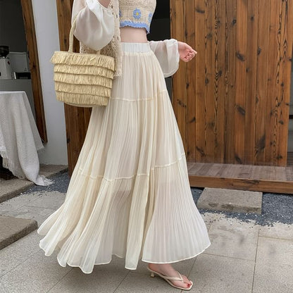 High Rise Pleated Maxi A-Line Skirt in Plain Design