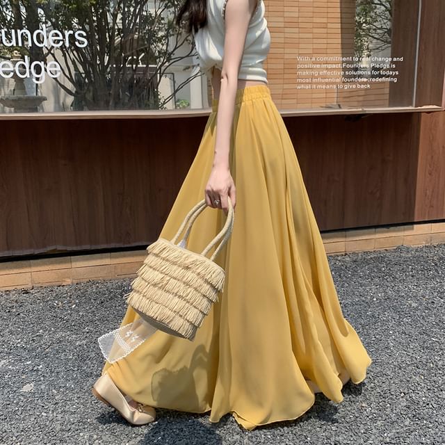 Plain High Waist Maxi A-Line Skirt
