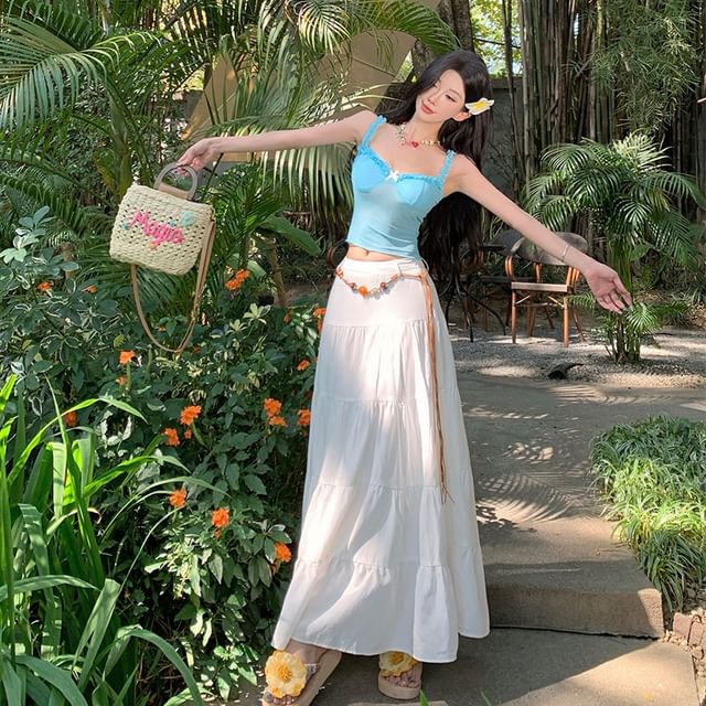 Sheer Crop Camisole with High Waist Maxi A-Line Skirt Set