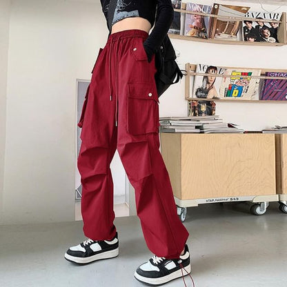 High Rise Plain Drawstring Baggy Cargo Pants