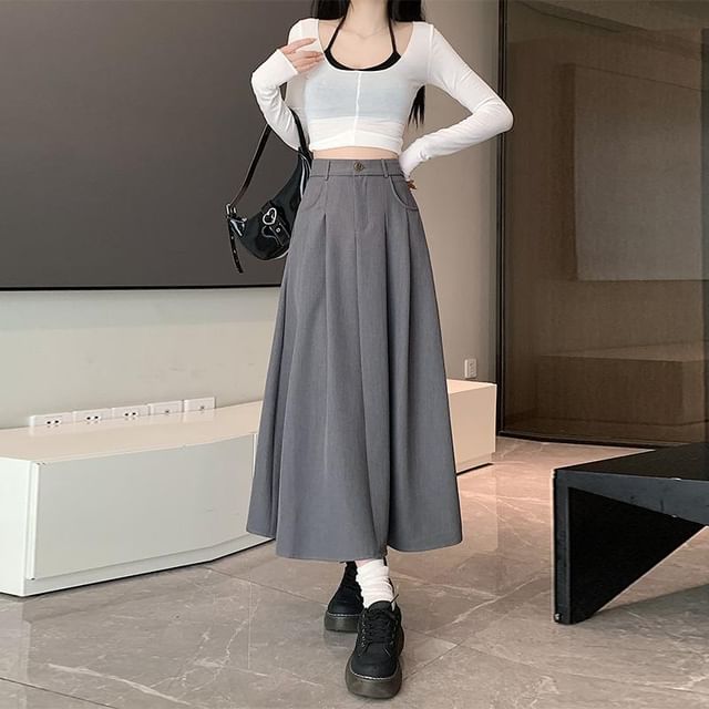 Pleated High Rise Midi A-Line Skirt in Plain Design