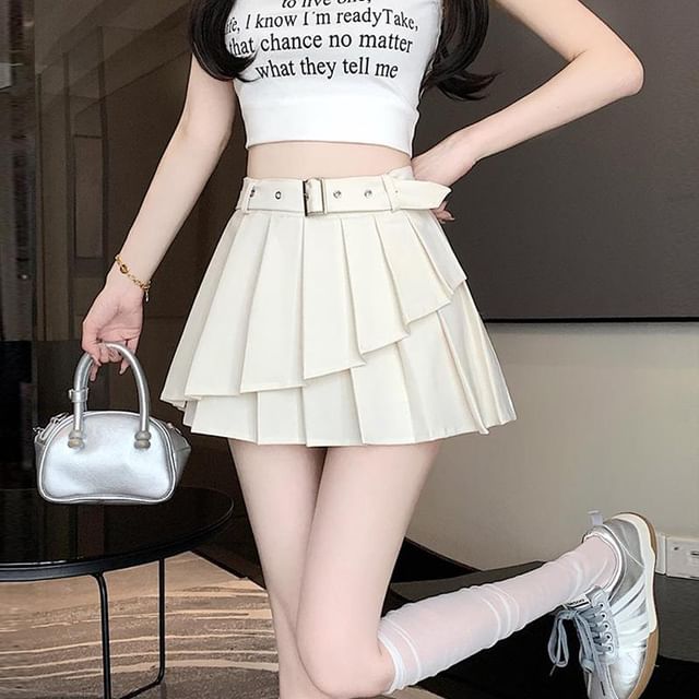 Asymmetrical Pleated Belted High Waist Mini A-Line Skirt