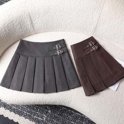 Pleated Buckled High Waist Mini A-Line Skirt