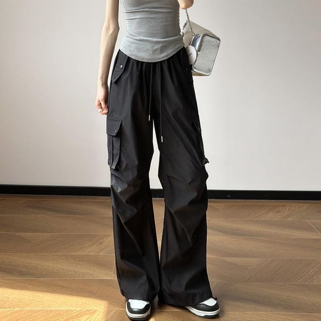 High Rise Plain Drawstring Baggy Cargo Pants