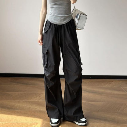 High Rise Plain Drawstring Baggy Cargo Pants