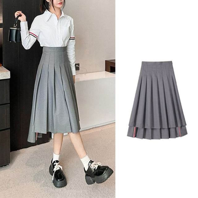 Asymmetrical Pleated High Waist Midi A-Line Skirt