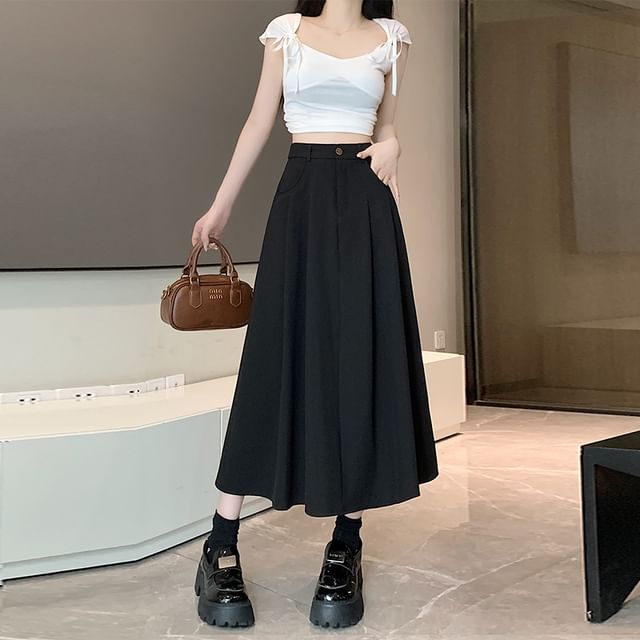Pleated High Rise Midi A-Line Skirt in Plain Design