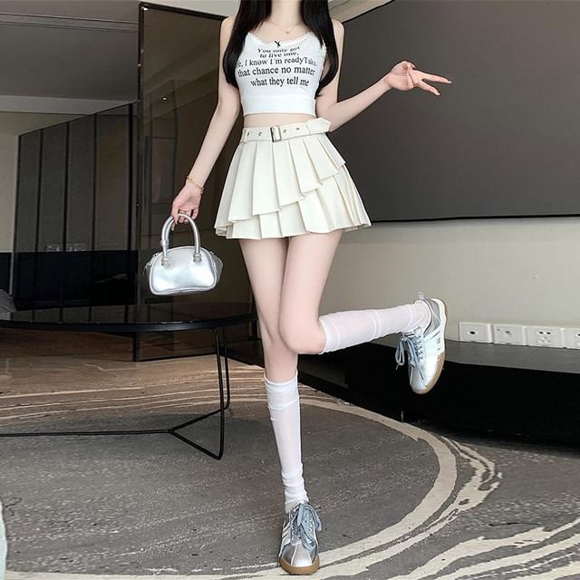 Asymmetrical Pleated Belted High Waist Mini A-Line Skirt