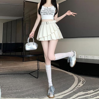 Asymmetrical Pleated Belted High Waist Mini A-Line Skirt