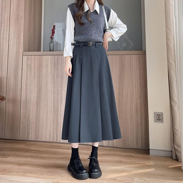 Plain High Rise Midi A-Line Skirt