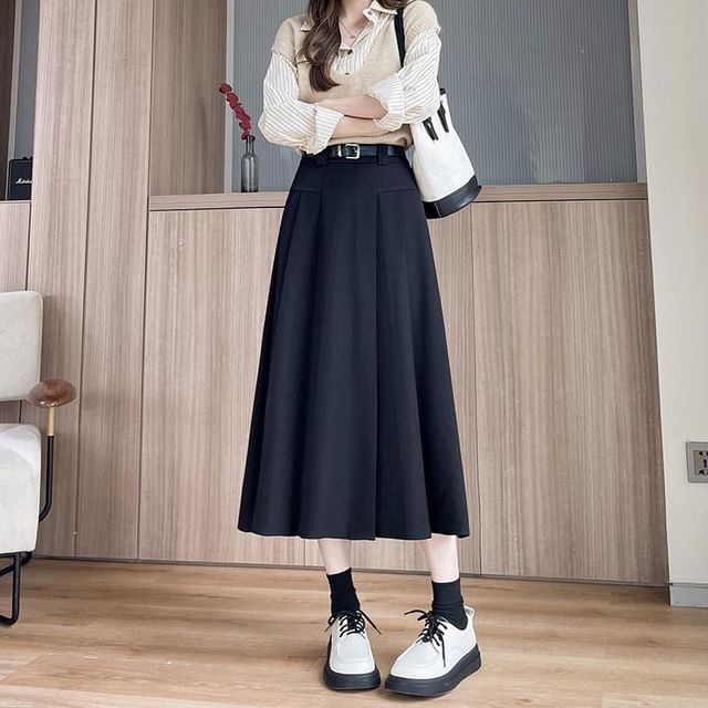 Plain High Rise Midi A-Line Skirt